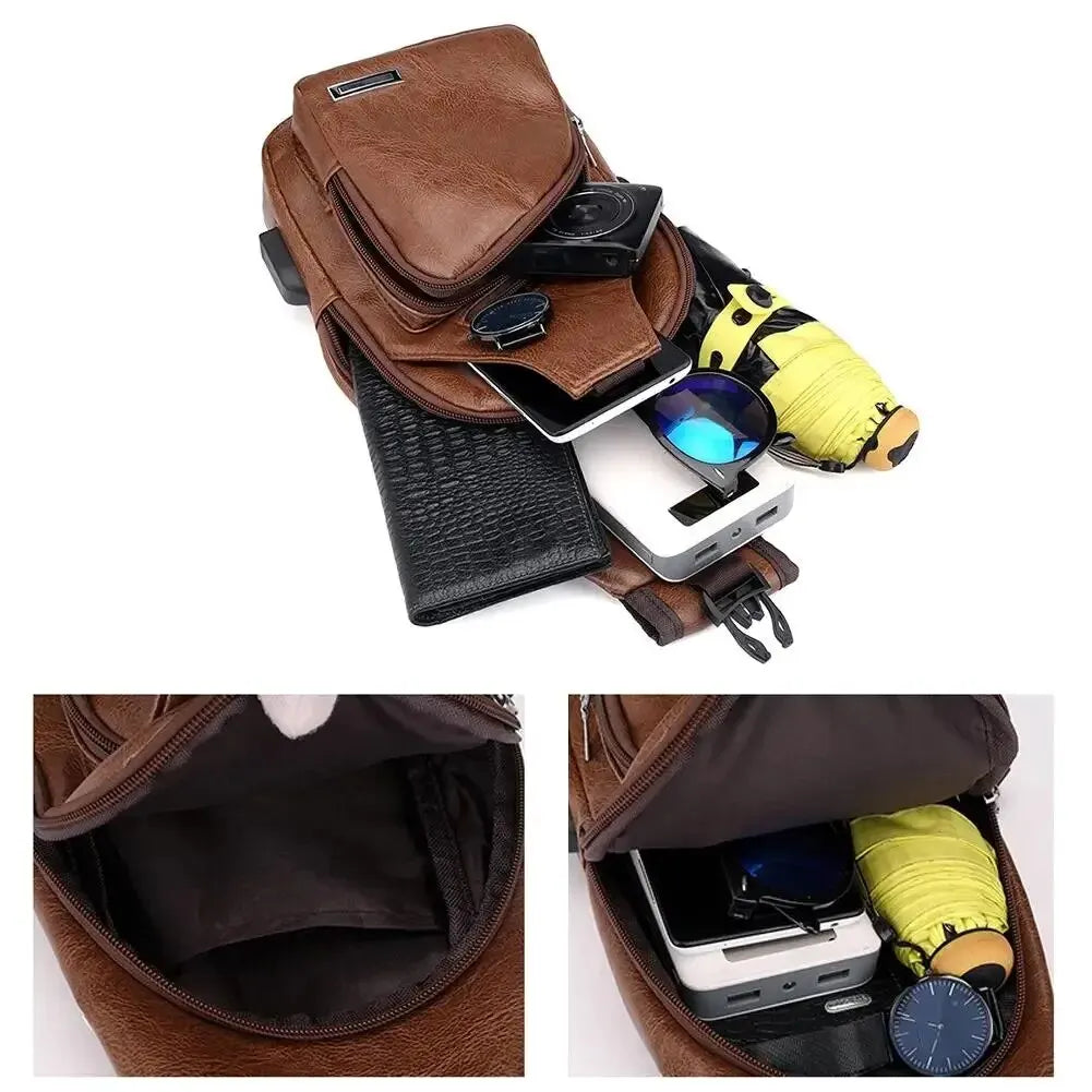Mens Multifunctional USB Charging Crossbody Chest Bag in Microfiber Leather