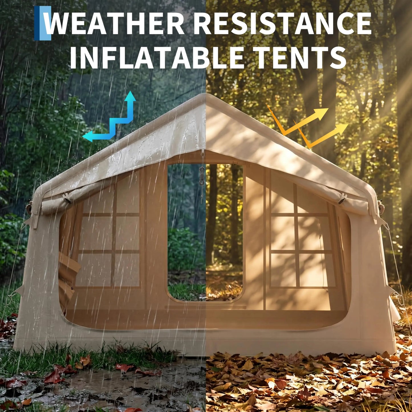 6-8 Person Inflatable Camping Tent with Chimney Opening and Sky Light PU 10000mm Waterproof Windproof Oxford Air Tent with Pump Easy Setup Large Blow Up Tent 316x250x220cm
