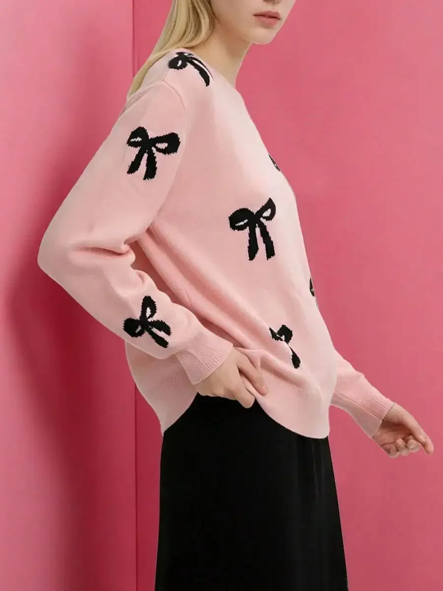 Womens Knit Sweater Long Sleeve Round Neck Bow Decorated Loose Fit Pullover