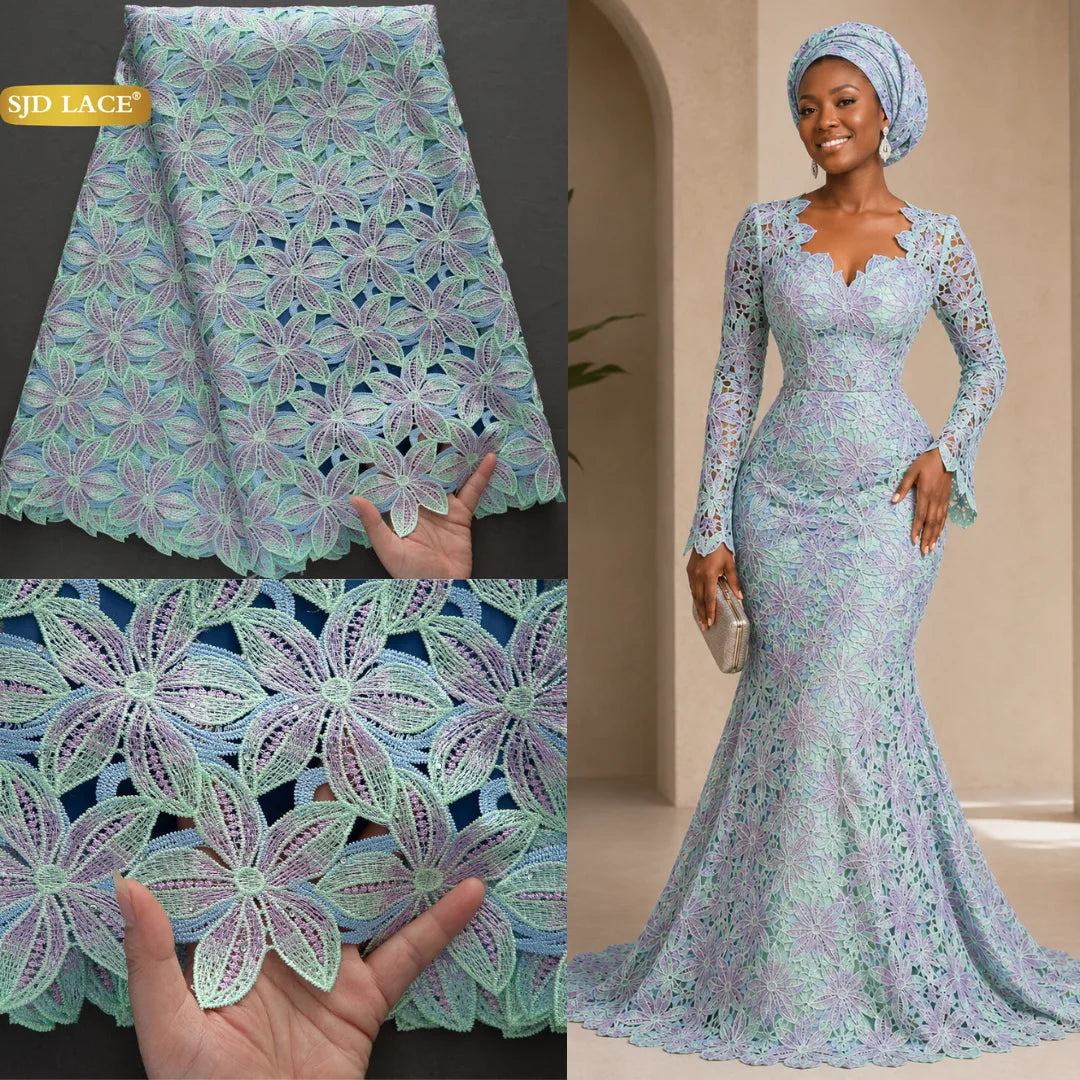 SJD LACE Nigerian Water Soluble Lace Fabric Tricolor Color Embroidered African Guipure Floral Lace for Sewing Wedding Party Evening Dress US Shipping 4632