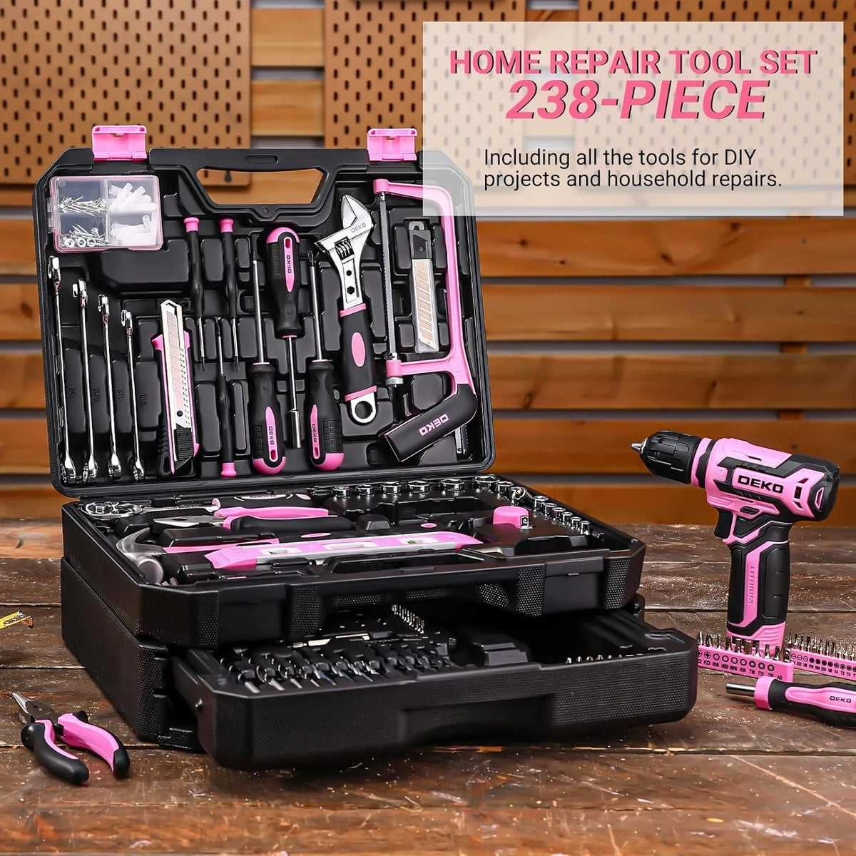 DEKO Home Mechanic Toolbox With Cordless Drill And Repair Tools