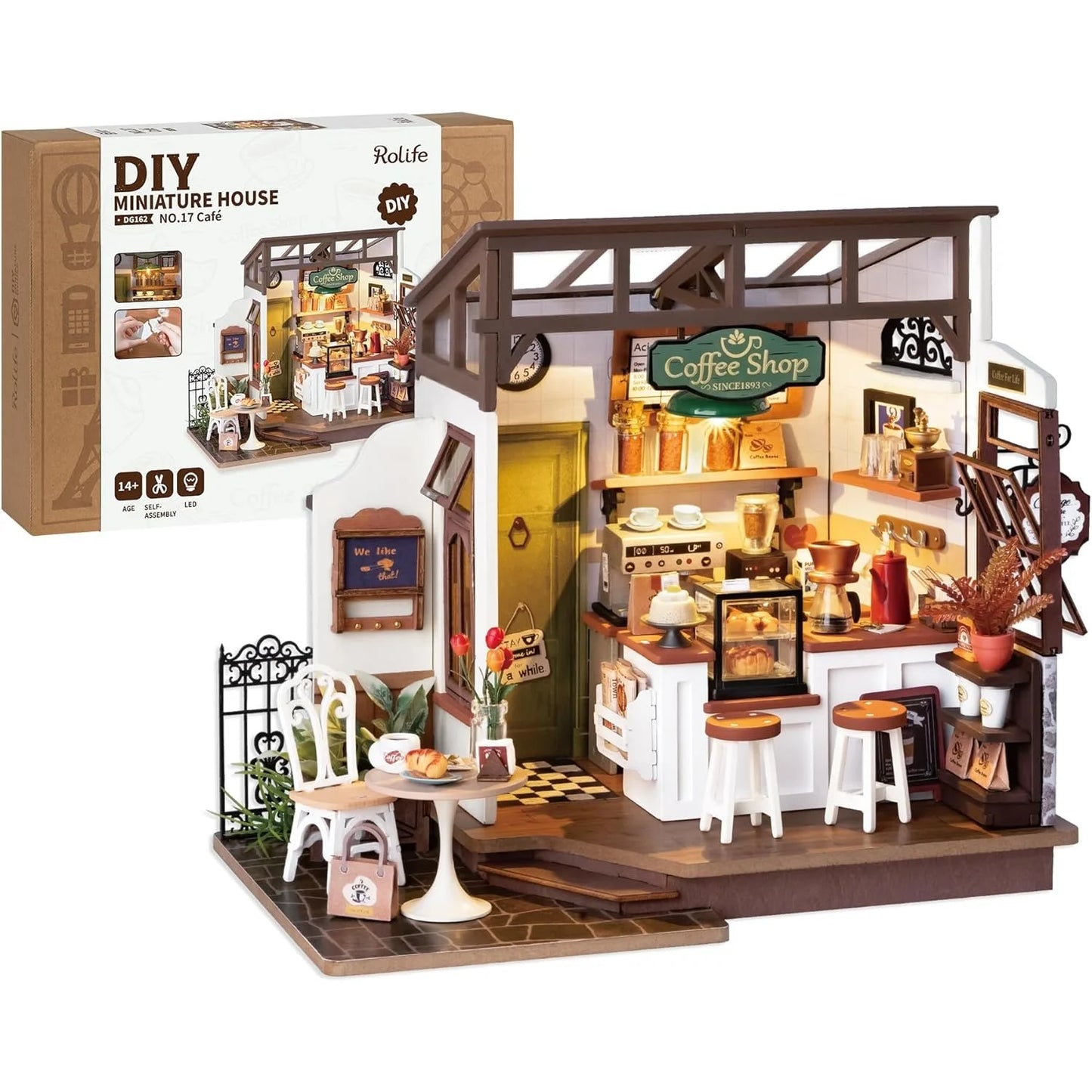 Rolife Wooden 3D Puzzle Flavory Café DIY Miniature House Kit Mini Dollhouse Model Building Kit with LED Light for Desk Decor Gift for Adults Friends