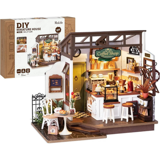Rolife Wooden 3D Puzzle Flavory Café DIY Miniature House Kit Mini Dollhouse Model Building Kit with LED Light for Desk Decor Gift for Adults Friends