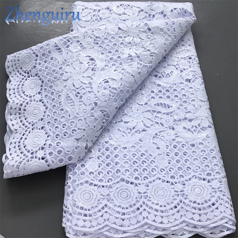Pure White Nigerian Guipure Lace Fabric Water Soluble African Sequin Cord