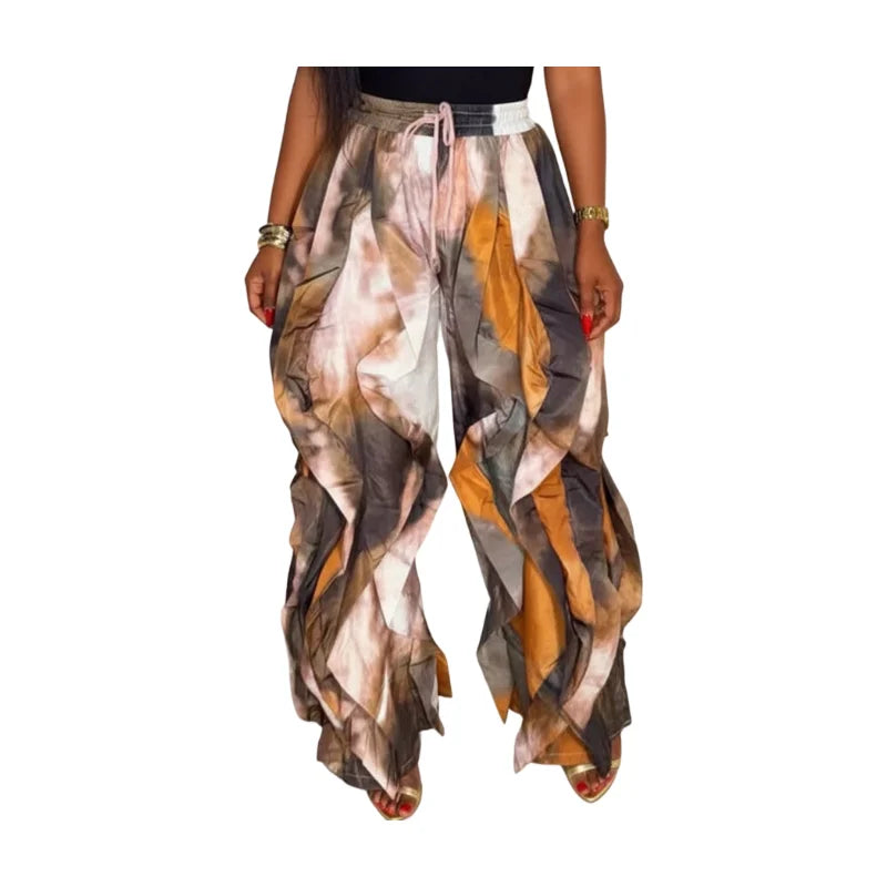 Women's Sleeveless Scoop Neck Cami Top Matching Abstract Print Ruffle Long Pants For Daily Street Brunch Casual Occasions