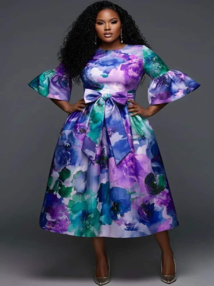 Plus Size Round Neck Flare Sleeve Bow Waist Midi Dress For Women Formal Party Banquet Wedding Guest A Line Swing Dress