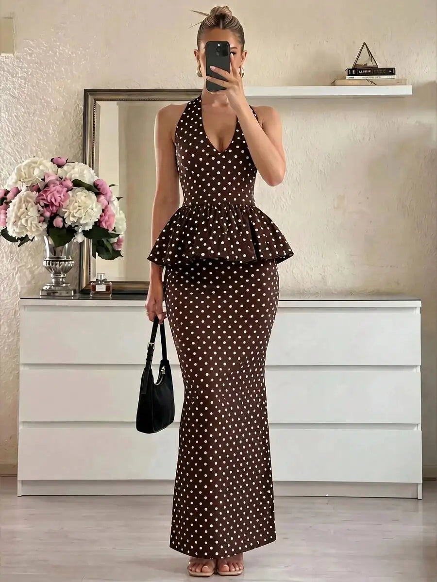 Womens Polka Dot Halter Peplum Top And Maxi Skirt 2-Piece Set Fashion Date Outfit