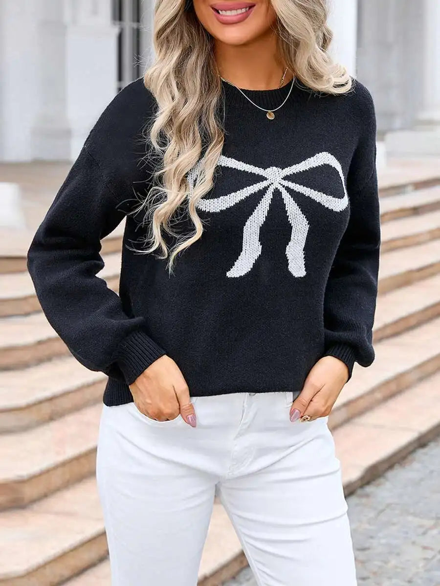 Women Knitted Sweater With Bow Print Long Sleeve Round Neck Loose Pullover Fall Winter Streetwear Casual Top