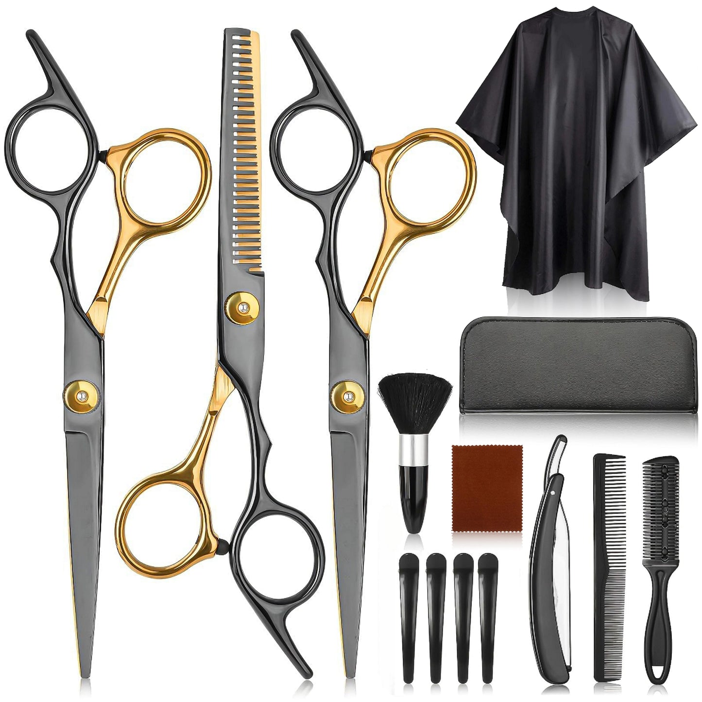 Professional Hair Cutting Scissors Set Black Gold Salon Shears with Thinning Scissors Barber Cape Combs Razor Clips Brush Pouch Kit for Hair Styling and Grooming
