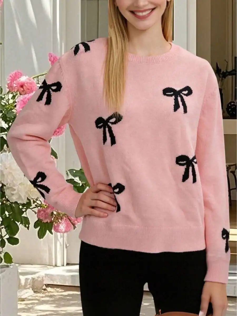 Womens Knit Sweater Long Sleeve Round Neck Bow Decorated Loose Fit Pullover