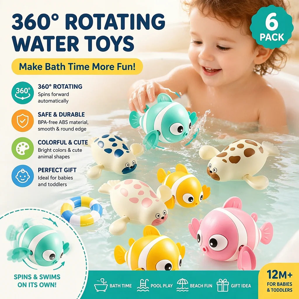 5 Pack Wind‑Up Bath Toys, Swimming Clownfish & Seal Floating Water Toy, No Battery Bathtub Pool Play Set for Toddlers Baby Boys Girls 12M+
