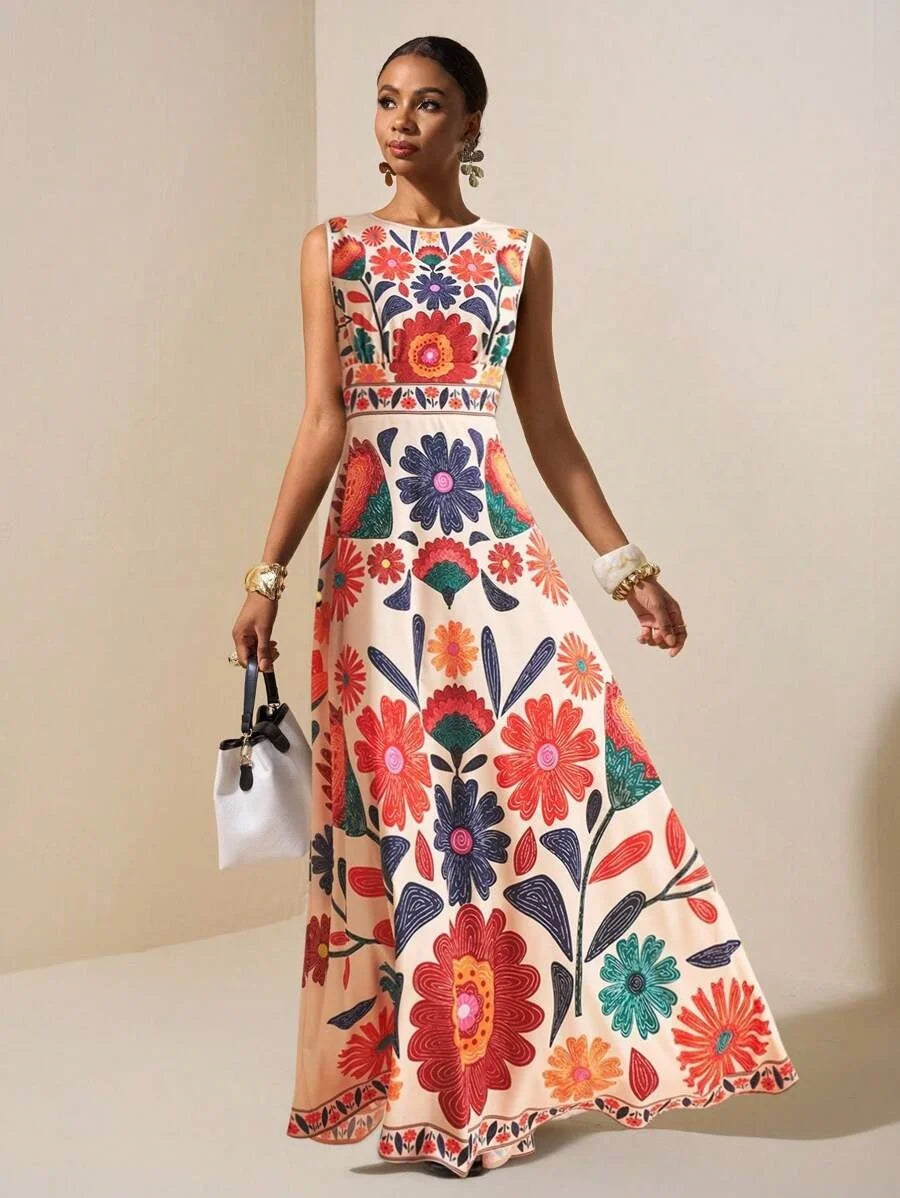 Women Floral Embroidery Sleeveless Maxi Dress Summer Wedding Guest Wear