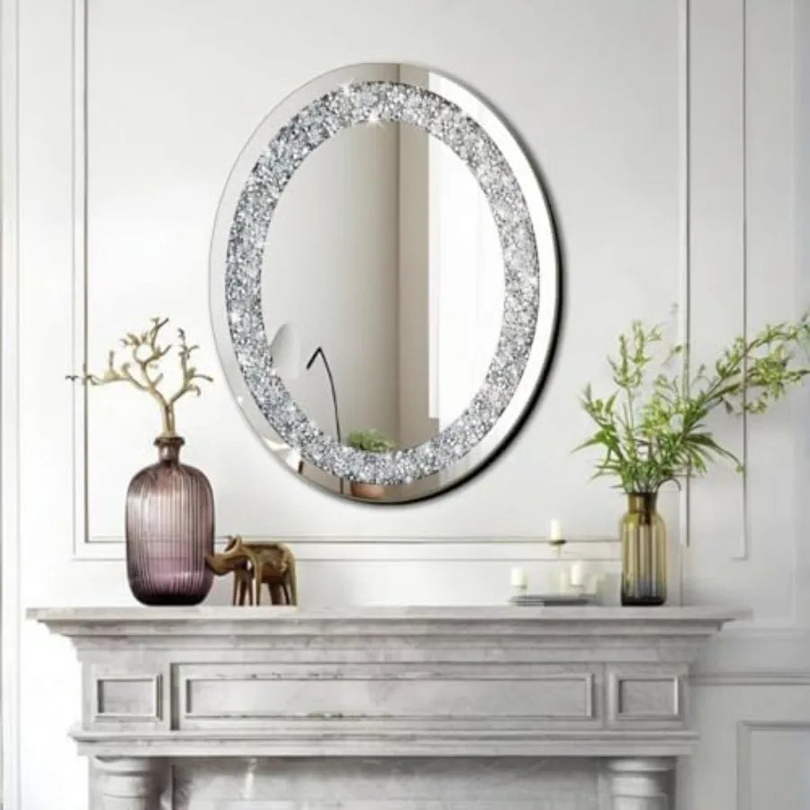 Crushed Crystal Oval Glam Bling Silver Wall Mirror Decoration