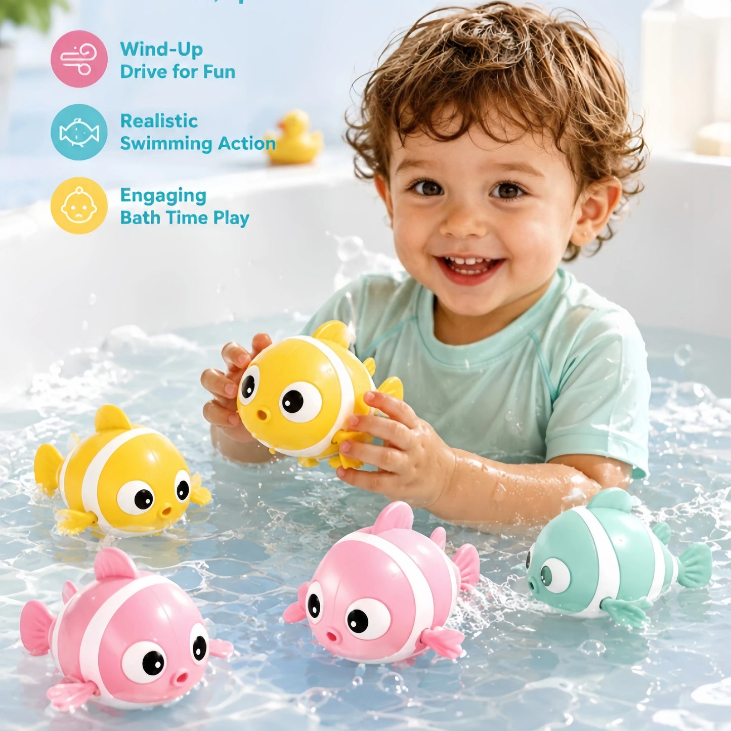 5 Pack Wind‑Up Bath Toys, Swimming Clownfish & Seal Floating Water Toy, No Battery Bathtub Pool Play Set for Toddlers Baby Boys Girls 12M+