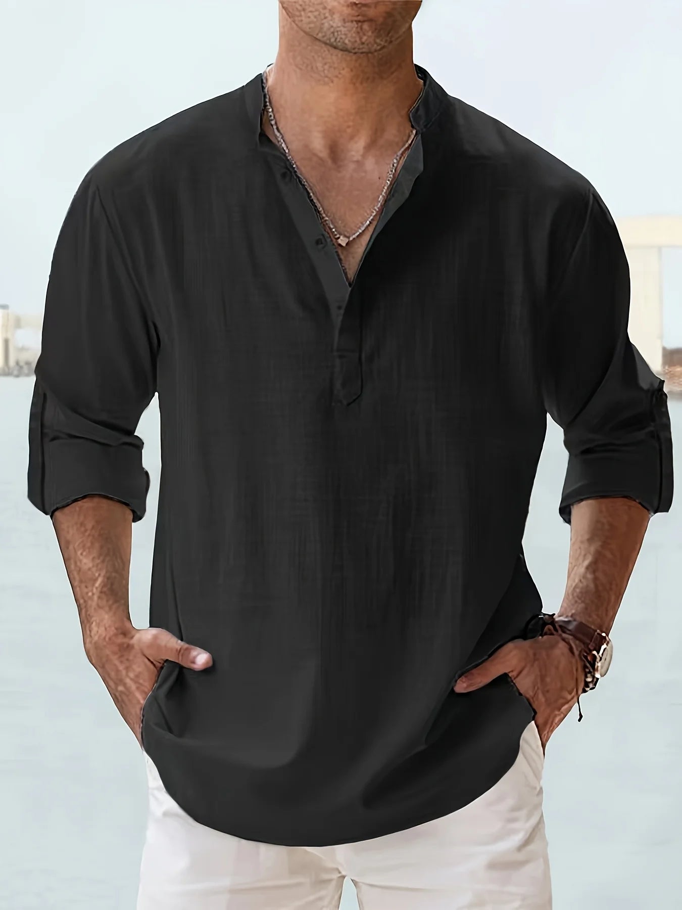 Men's Linen Cotton Long Sleeve Stand Collar Casual Shirt