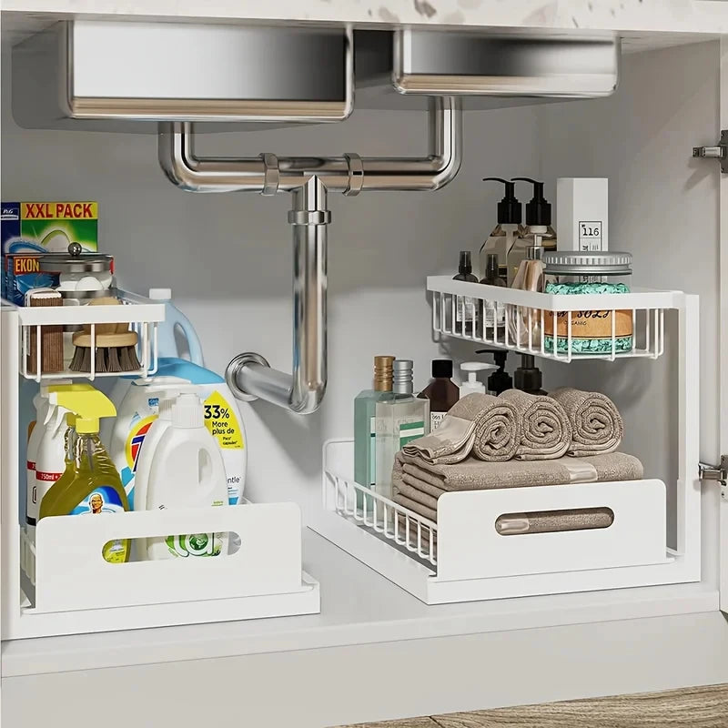 2026 New Organizador de Cocina 2-Tier Sliding Under Sink Organizer Rustproof Metal Storage for Kitchen Bathroom Cabinets Cleanin