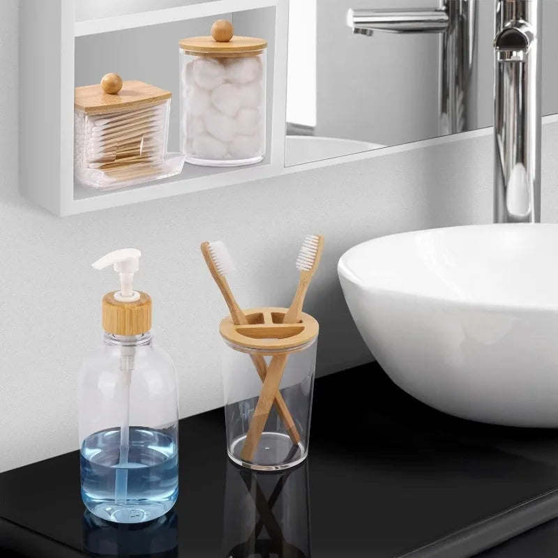 4Pcs Bamboo Bathroom Accessories Set, Clear Toothbrush Holder Plastic Soap Dispenser and 2 Qtip Holder Cotton Swab/Pad/Ball Container Jar