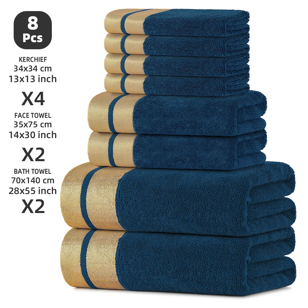 8-Piece Luxury Pure Cotton Bath Towel Set, 2 Bath Towels + 2 Face Towels + 4 Washcloths, Soft and Comfortable, Highly Absorbent, 100% Cotton Towels, Bathroom Decoration Accessories, Everyday Use Towels
