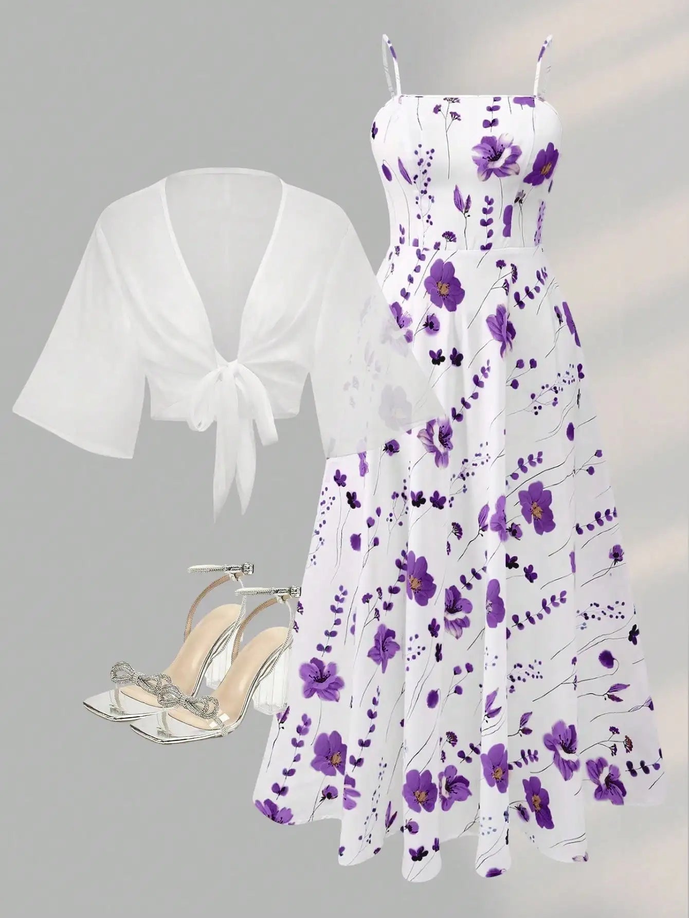 2 Pieces Women's Floral Chiffon Dress Elegant Romantic Date Outfit Spring Summer