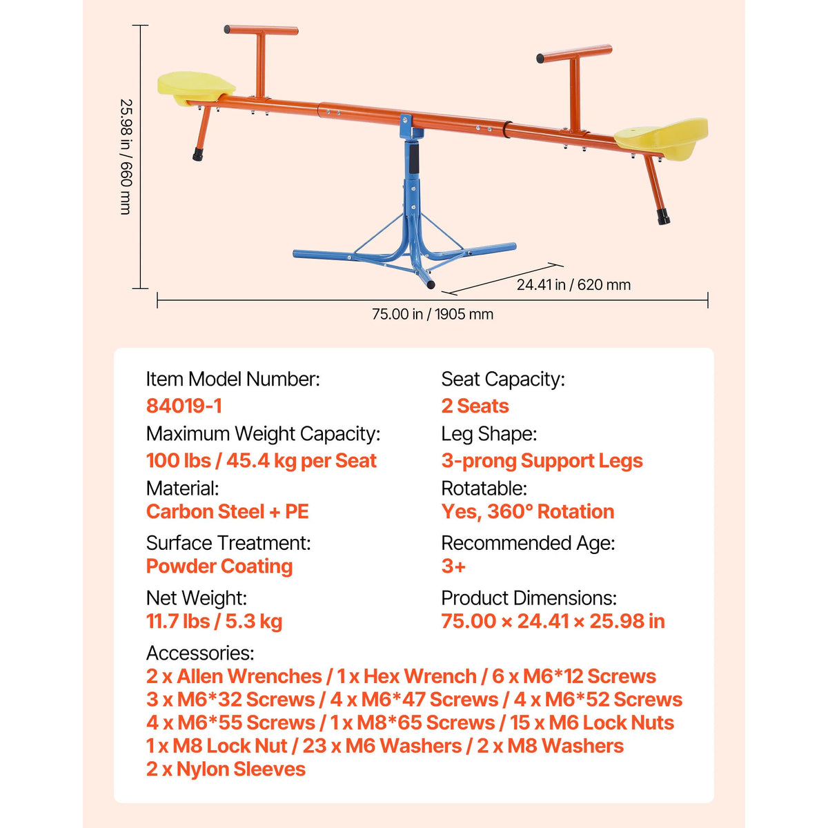 SucceBuy Kids Seesaw 100Lbs Per Seat Sit & Spin Teetertotter with 3 Support Legs for Children Outdoor Playground Equipment