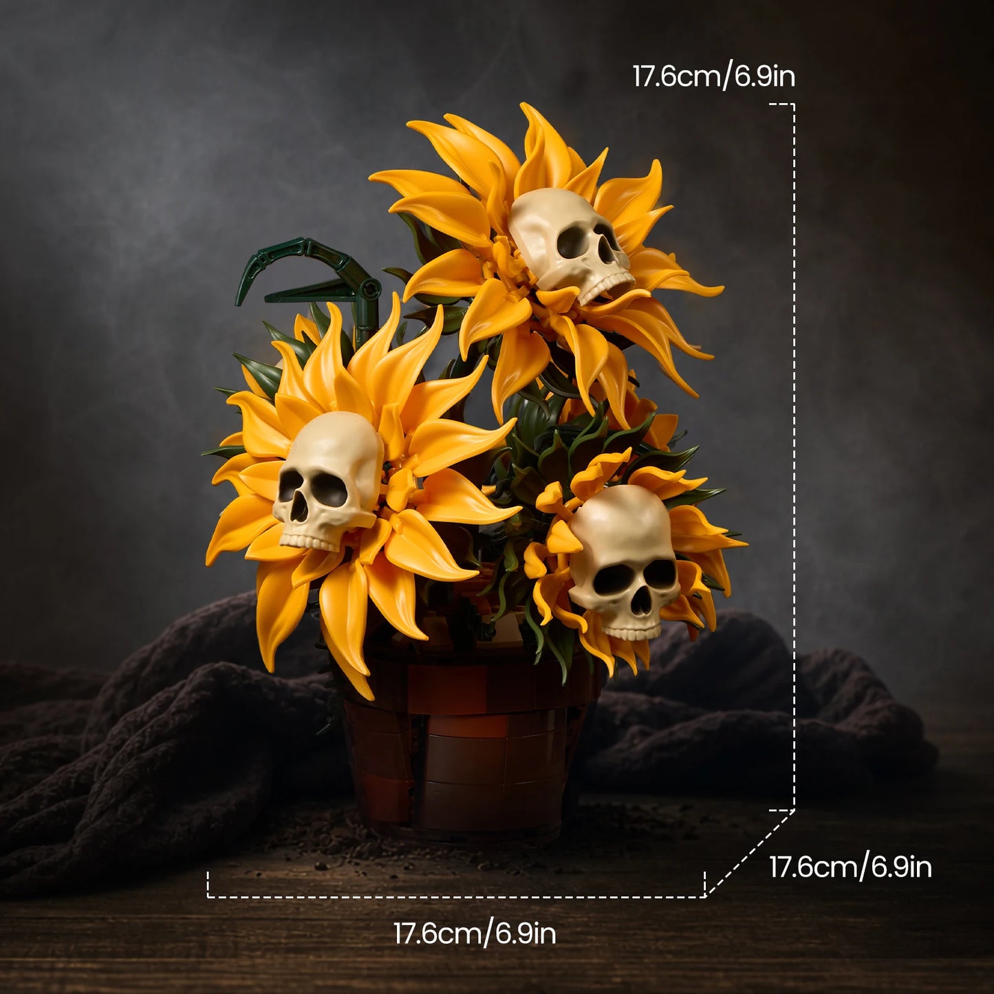 Skull Sunflower Pot Building Blocks Set Yellow Flower Bricks Skeleton Model Gothic Floral Home Decoration Ornament Halloween Gift for Adult