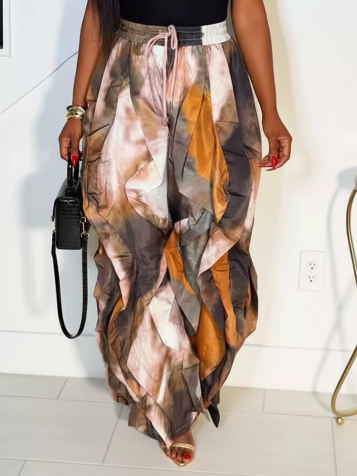 Women's Sleeveless Scoop Neck Cami Top Matching Abstract Print Ruffle Long Pants For Daily Street Brunch Casual Occasions