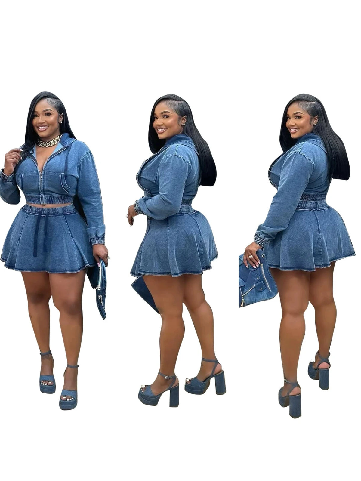 Women Long‑Sleeve Zip‑Up Hooded Cropped Top And High Waist Flared Mini Skirt Two‑Piece Outfit Casual Daily Street Matching Set
