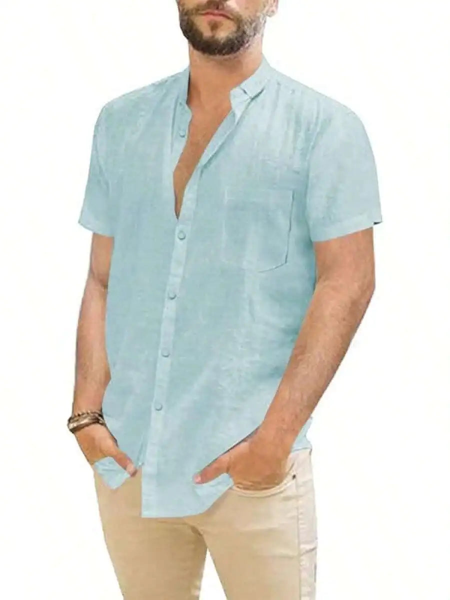 Mens Casual Linen Button Down Short Sleeve Shirt Beach Summer Spread Collar