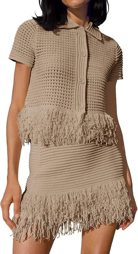 Fisoew Womens 2 Piece Crochet Outfits Short Sleeve Button Knit Sweater Tops Fringe Skirt Summer Vacation Sets Beach Cover Ups