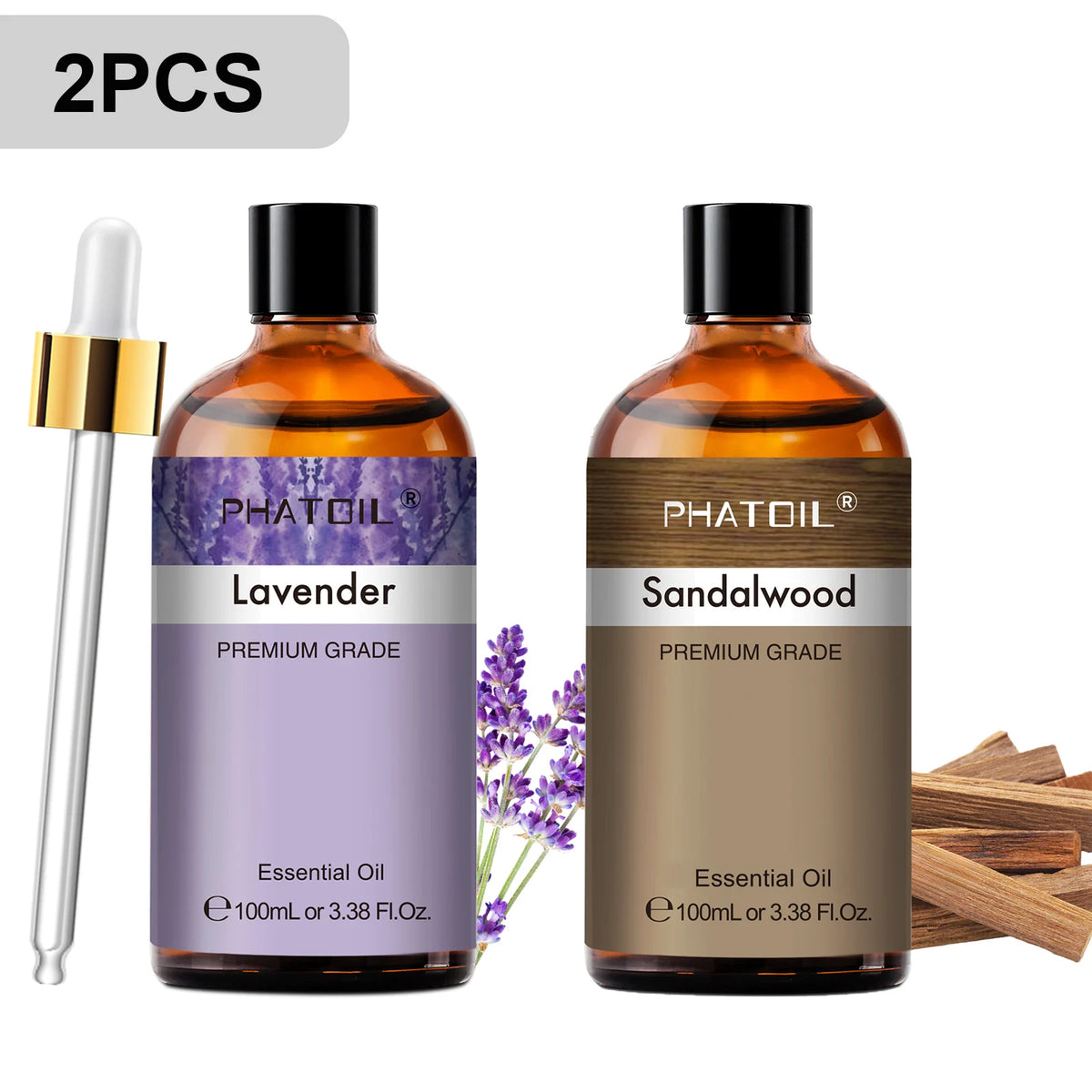 PHATOIL 2PCS Pure Aromatherapy Essential Oils for Diffuser Humidifier Soap Candle Making 100ml Vanilla Lavender Sandalwood Lemon Cinnamon Aroma Essential Oil Set