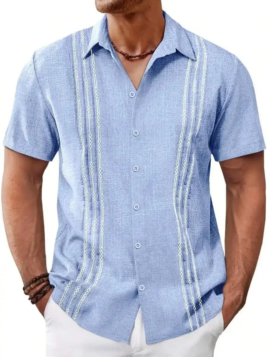 Mens Short Sleeve Button Up Shirt Casual Embroidered Linen Blend Summer Beach Wedding
