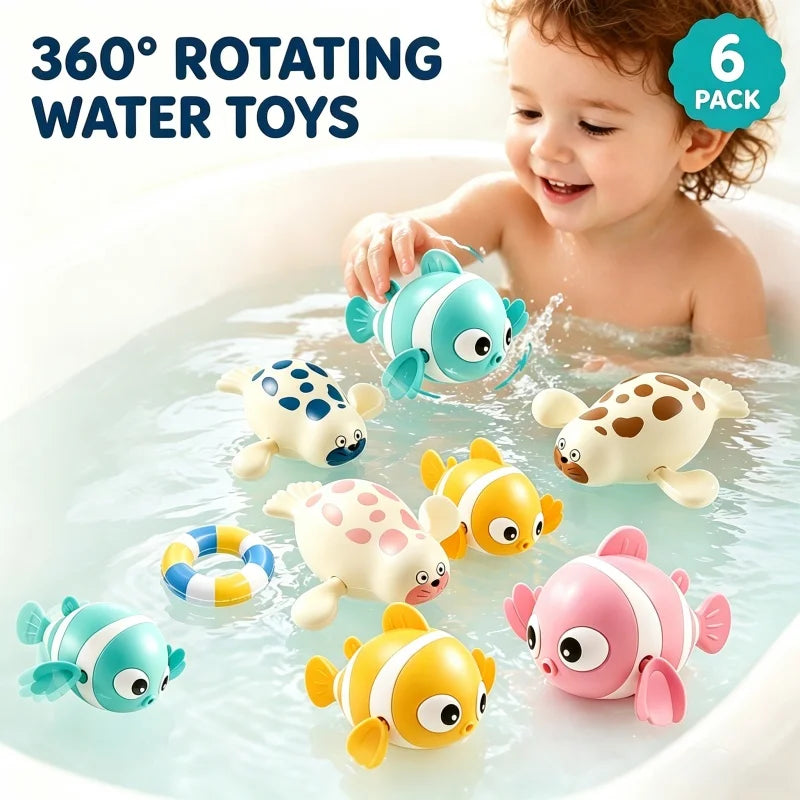 5 Pack Wind‑Up Bath Toys, Swimming Clownfish & Seal Floating Water Toy, No Battery Bathtub Pool Play Set for Toddlers Baby Boys Girls 12M+