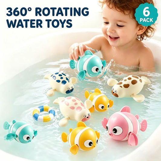 5 Pack Wind‑Up Bath Toys, Swimming Clownfish & Seal Floating Water Toy, No Battery Bathtub Pool Play Set for Toddlers Baby Boys Girls 12M+