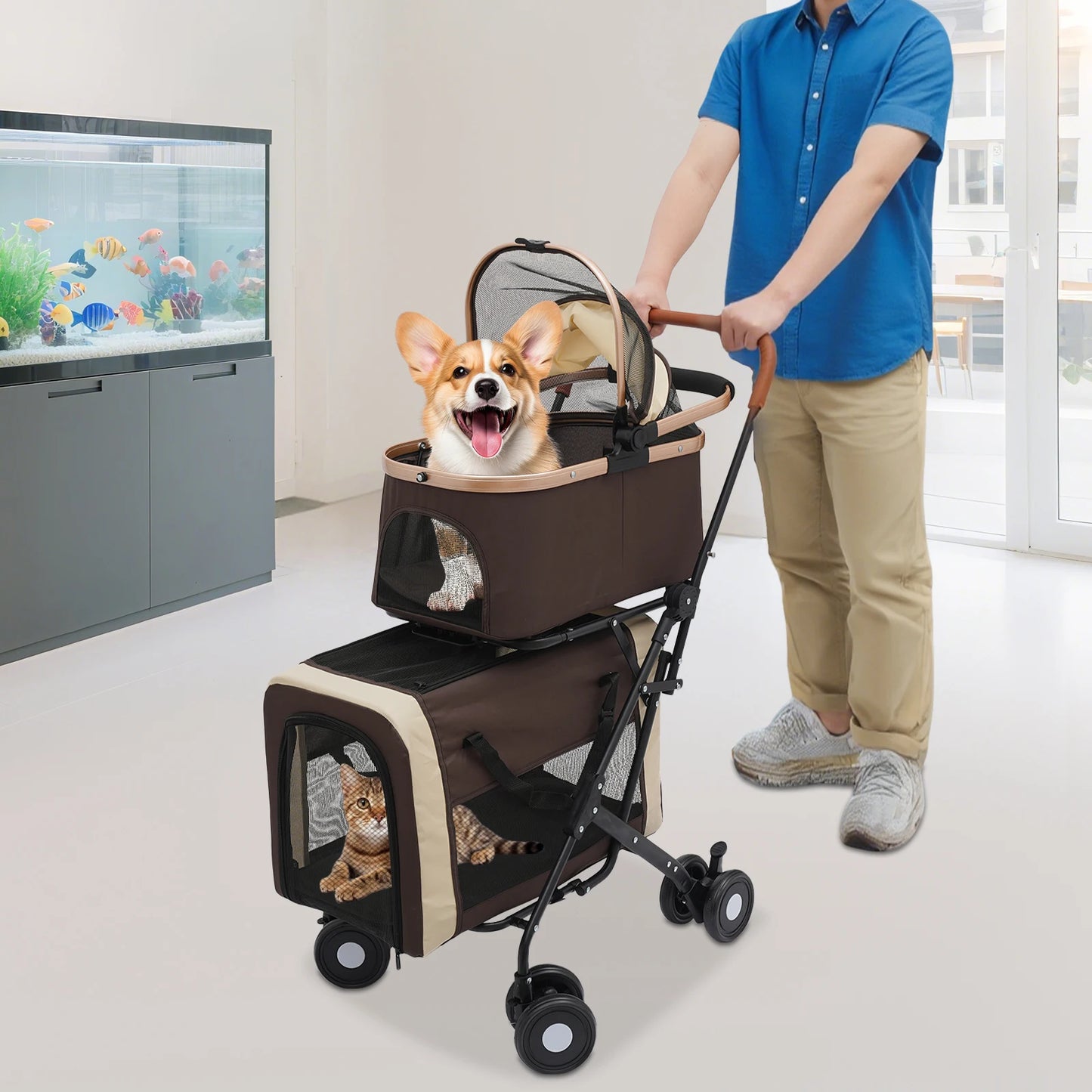 3-in-1 Multifunctional Pet Stroller Foldable Pet Stroller with 2 Pet Carriers for Small & Medium Dogs Bearing 77lbs Safety Lock