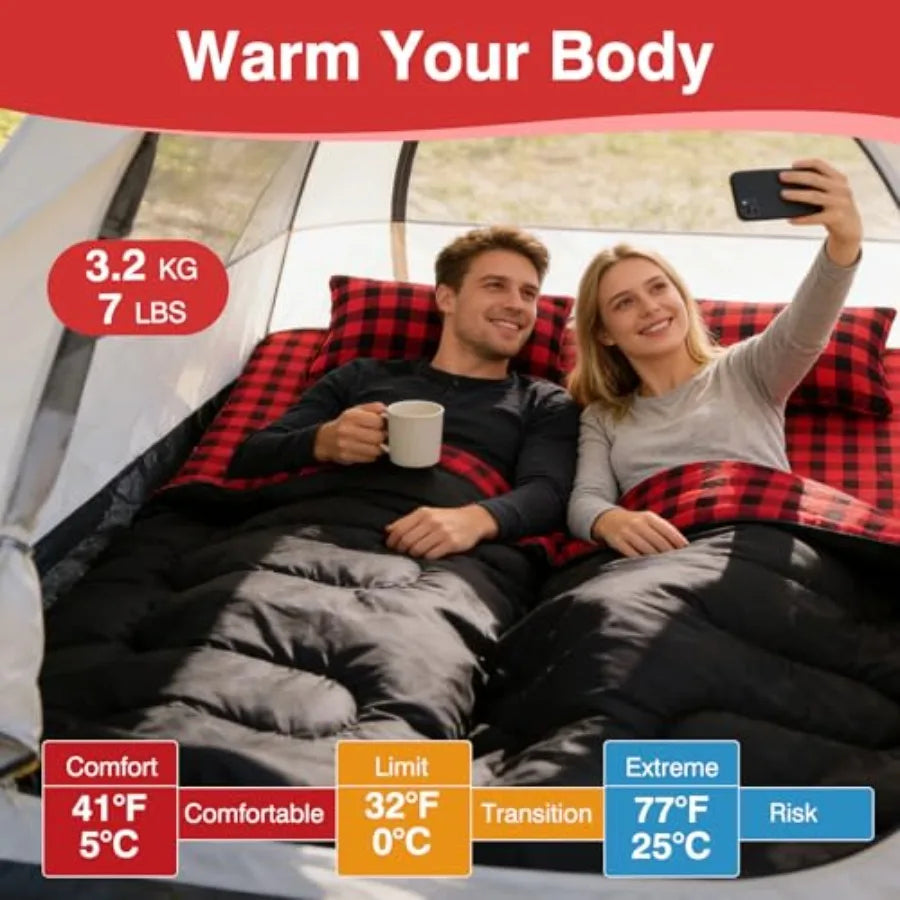 Double Sleeping Bag Sleeping Bag with 2 Pillows Queen Size XL Bag for 2 People Cold Warm Weather- 3 Seasons Waterproof Adults f