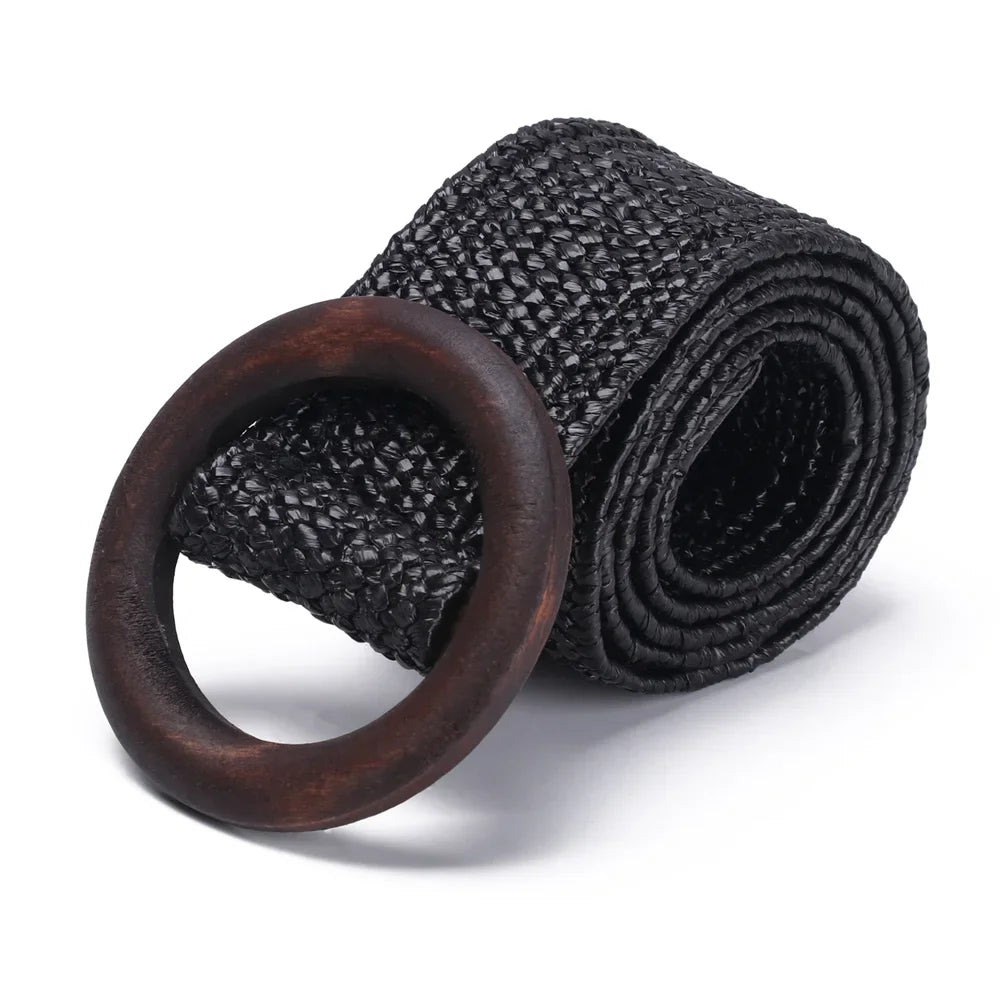 Women Straw Belt With Wooden Buckle And Elastic Waist Chain