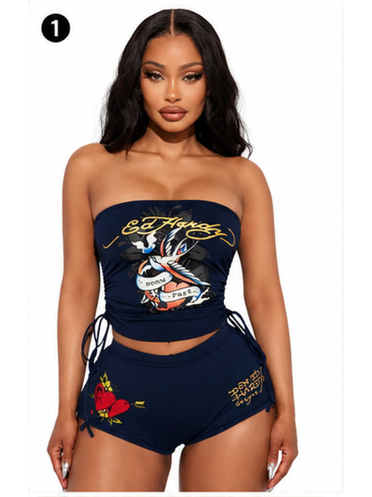 English: Women 2 Piece Y2K Outfits Vintage Tattoo Graphic Strapless Tube Top High Cut Shorts Set Adjustable Drawstring Ruched Crop Top Casual Going Out Tracksuit