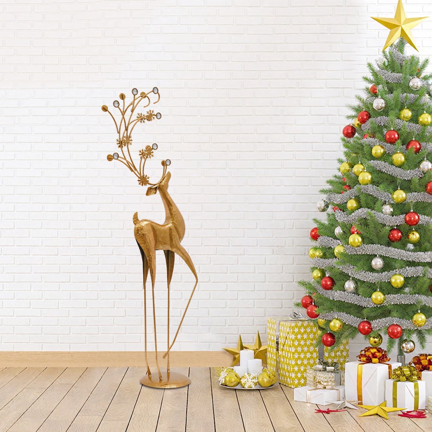 Art Deco Metal Deer Statue For Modern Indoor Holiday Decor