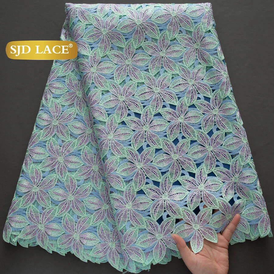 SJD LACE Nigerian Water Soluble Lace Fabric Tricolor Color Embroidered African Guipure Floral Lace for Sewing Wedding Party Evening Dress US Shipping 4632