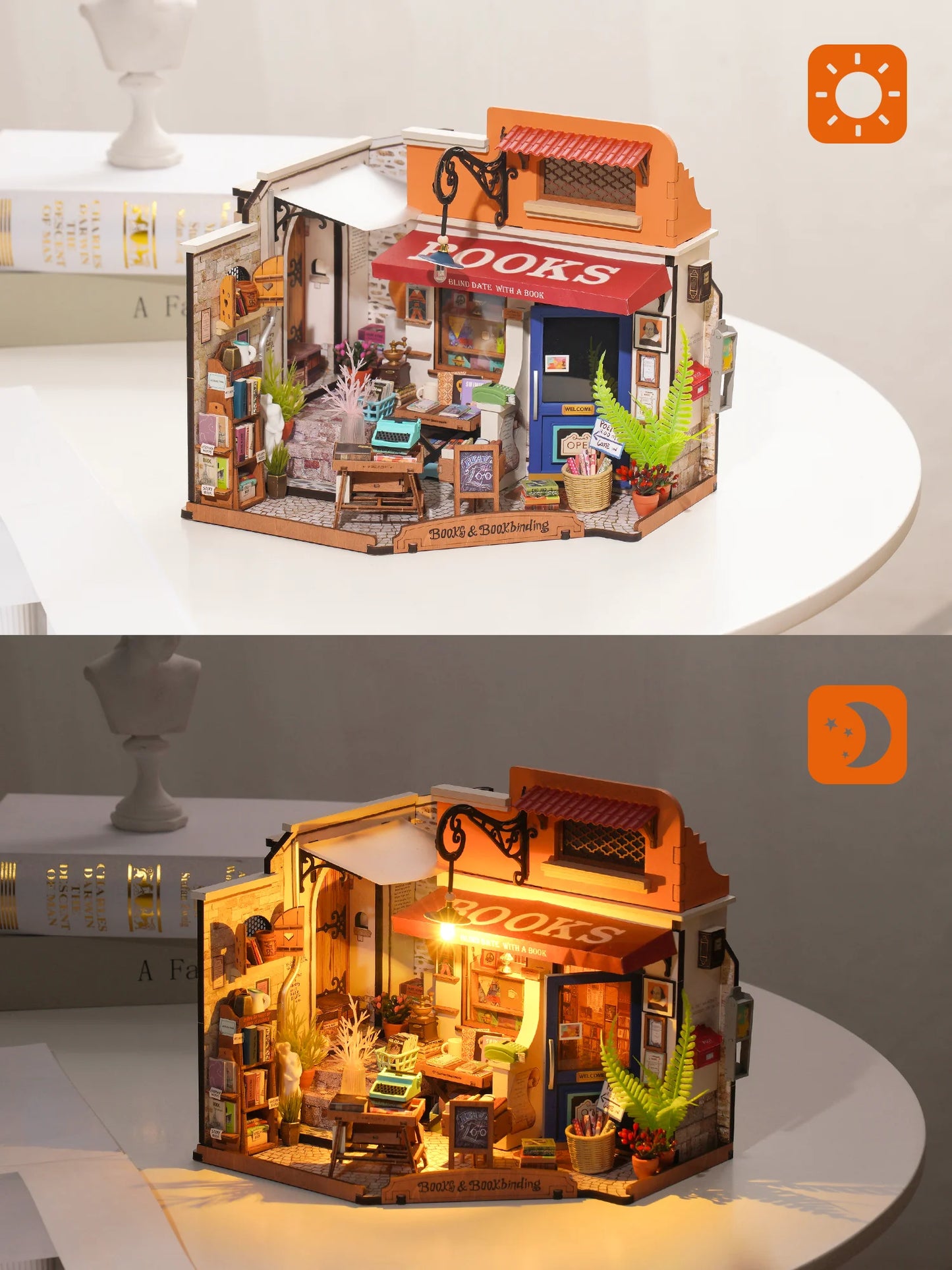 Rolife Wooden Dollhouse 3D Puzzle Toys Corner Bookstore DIY Miniature House Model Building Kit with LED Light for Home Decor Birthday Gift for Adults Friends