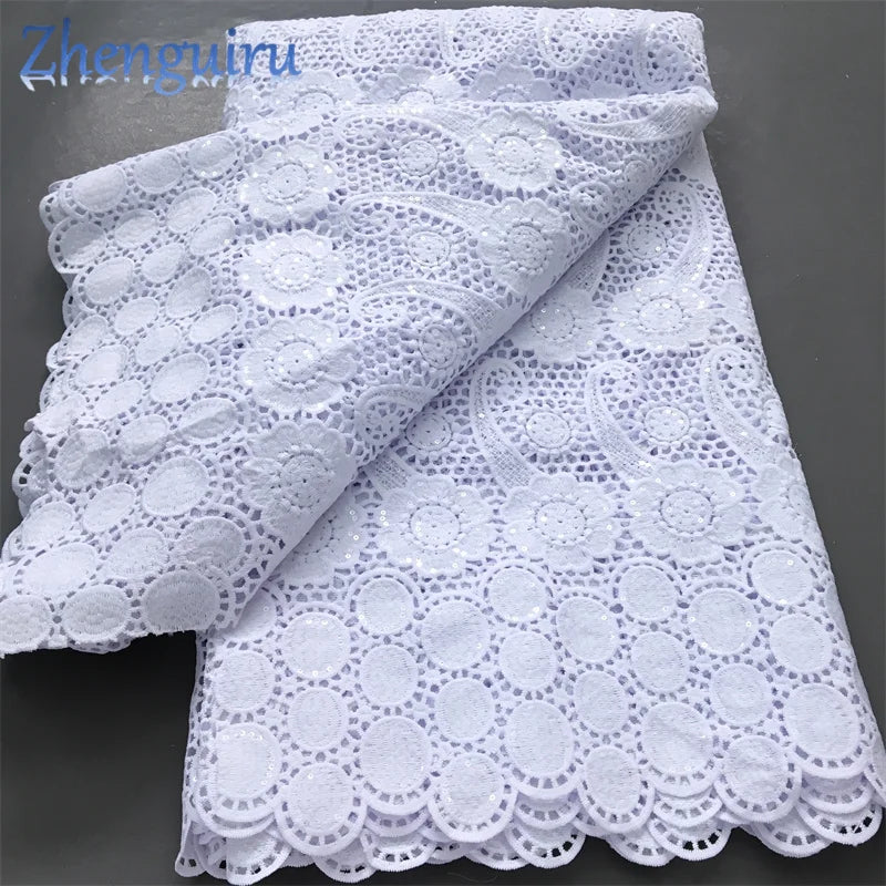 Pure White Nigerian Guipure Lace Fabric Water Soluble African Sequin Cord