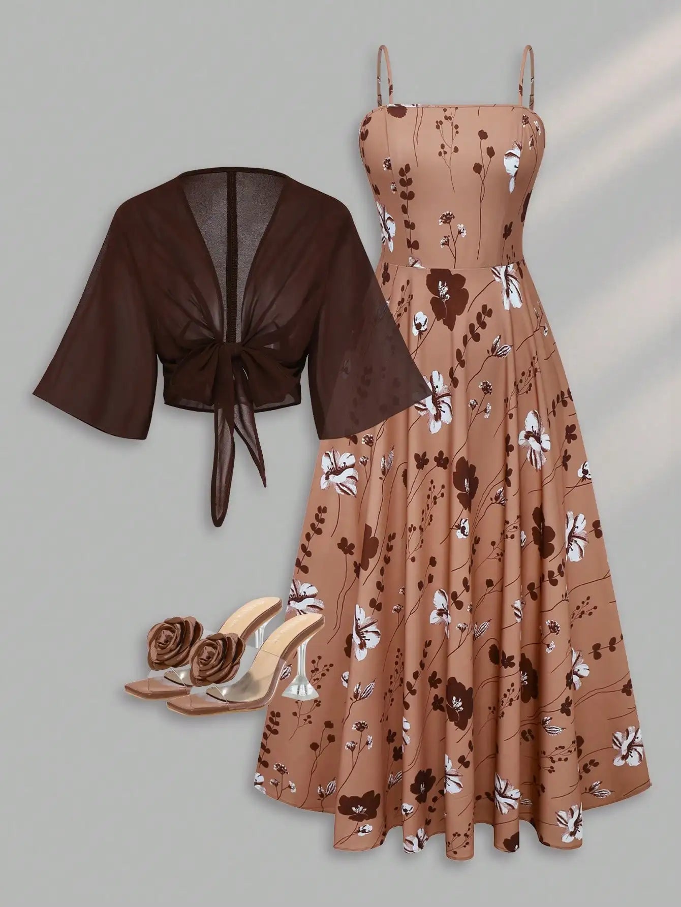 2 Pieces Women's Floral Chiffon Dress Elegant Romantic Date Outfit Spring Summer