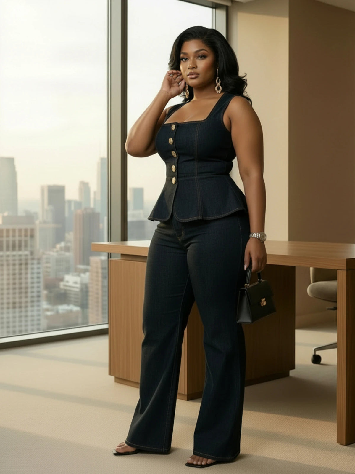 Women's Plus Size Square Neck Sleeveless Peplum Top Matching Flare Long Pants For Office Daily Street Fashion Occasions