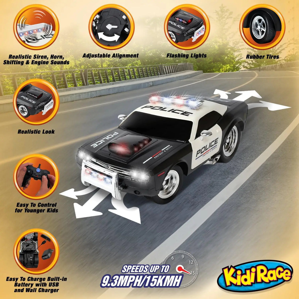 Remote Control Police Car, Rechargeable Toy with Lights and Siren for Kids, Hobby RC Car, Birthday Gift for Boys & Girls Ages 3-12 (3,4,5,6,7,8,9,10,11,12 Year Old)