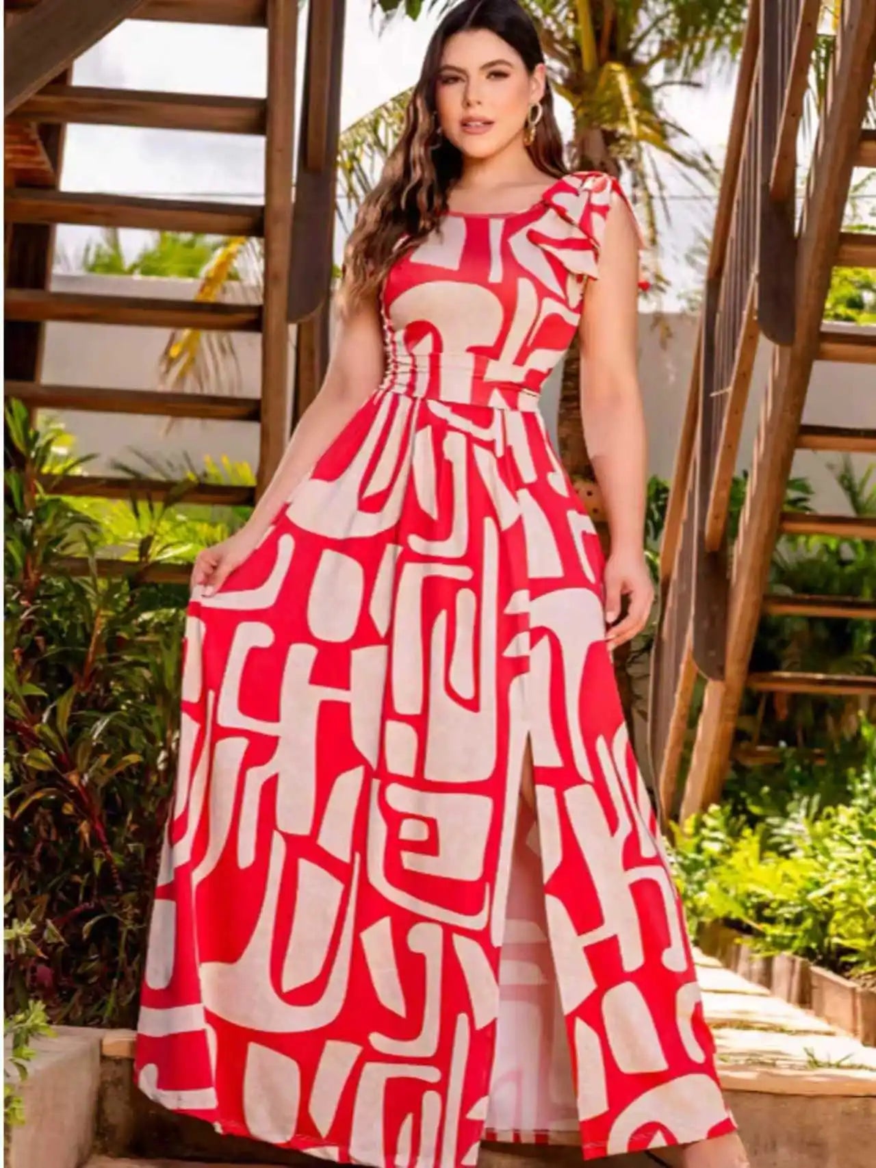Geometric Print Sleeveless Maxi Dress With Decorative Bow