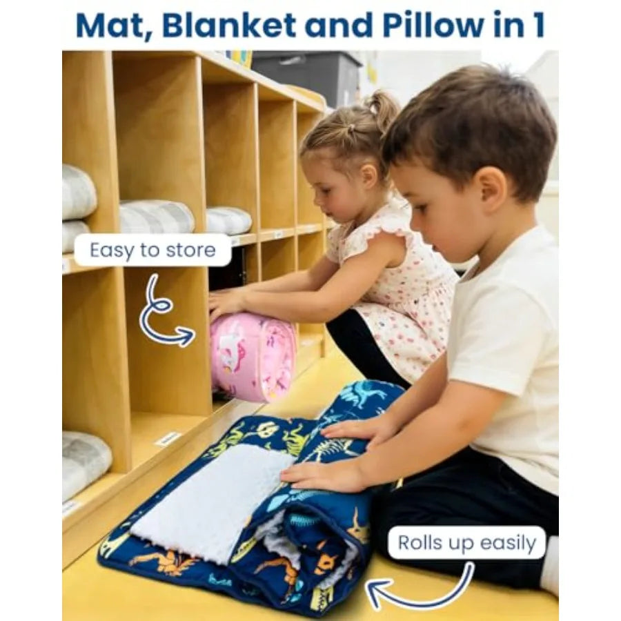 Toddler Nap Mat with Pillow and Minky Blanket Large 55"x38" Sleeping Bag Washable Lightweight Easy to Roll Perfect for Preschoo