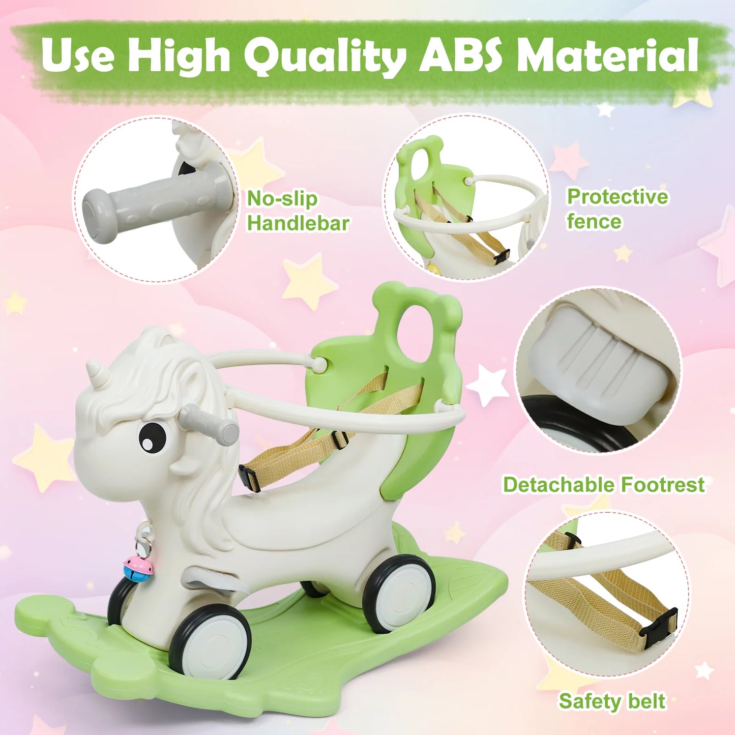 2 in 1 Convertible Unicorn Rocking Horse for Toddlers, Kids Ride On Toy with Anti-Fall Guardrail and Safety Belt, Baby Birthday Gift for 12-36 Months