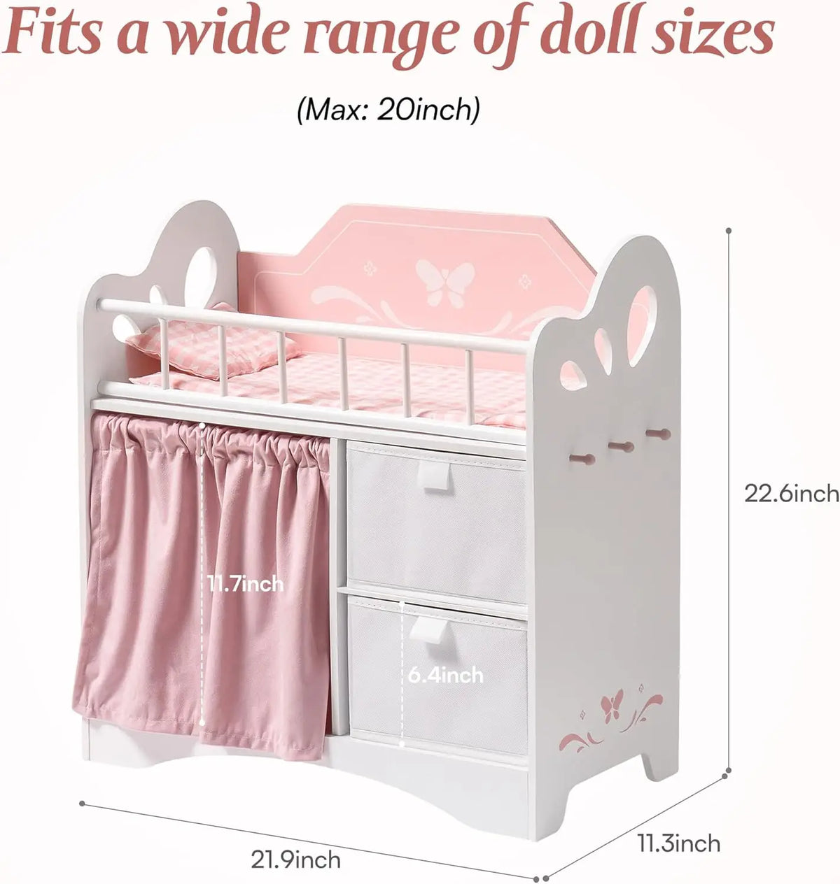 Robotime Baby Doll Crib Wooden Toy Baby Crib with Storage Bedding Wooden Hooks Doll Crib Fits Dolls up to 21" for Girls 3+ Pink