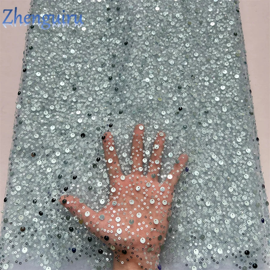 Zhenguiru Heavy Silver Sequin French Tulle Lace Fabric