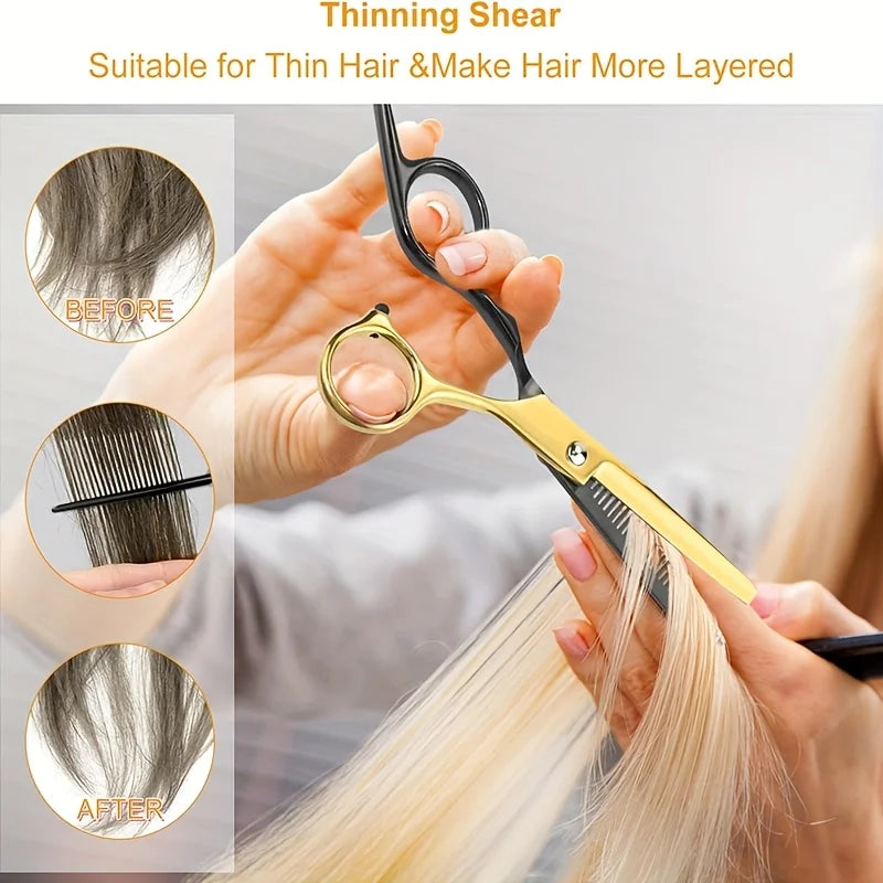 Professional Hair Cutting Scissors Set Black Gold Salon Shears with Thinning Scissors Barber Cape Combs Razor Clips Brush Pouch Kit for Hair Styling and Grooming